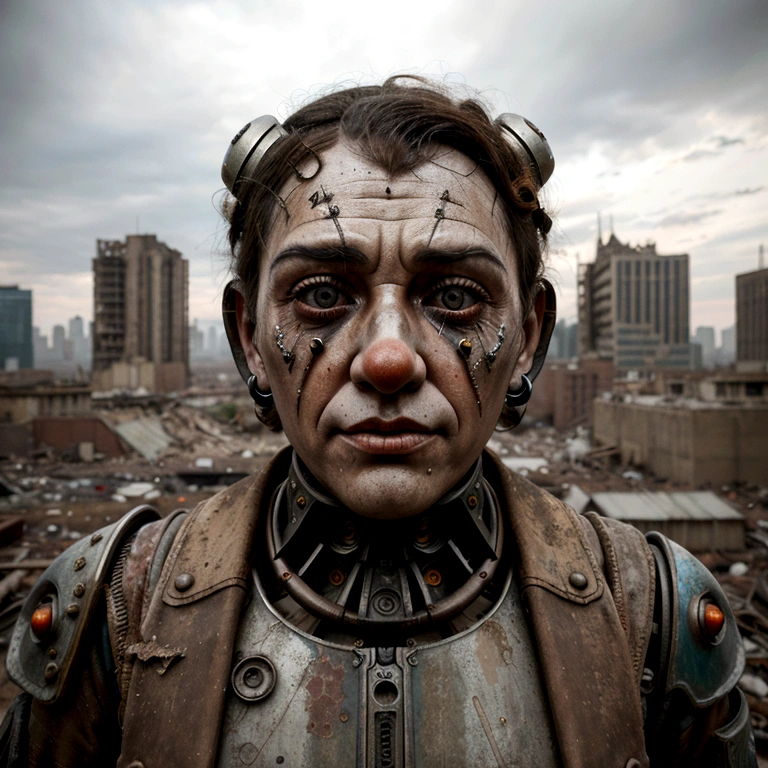 postapocalyptic photography, extreme high angle, a robotic clown in a ruined cityscape, mechanical melancholy, emotionless face, rusted parts, devastated city, broken lighting, overcast dawn, desolation, rust and steel, scattered focus, debris effects, apocalyptic theme, far future, shot on Nikon Z7 II, telephoto lens, 200mm, H.G. Wells style, futurism dystopian, mechanical despair, jagged metal, cracked concrete, isolation, despondency, city of clowns, fragmented vision
