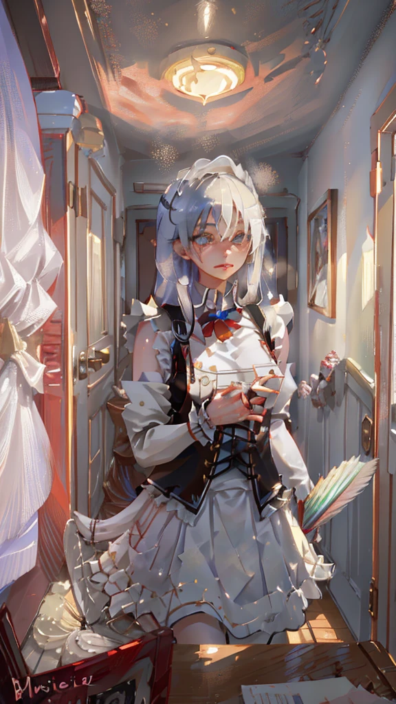 a maid with small breasts, beautiful detailed eyes, beautiful detailed lips, extremely detailed face, longeyelashes, maid uniform, holding a feather duster, cleaning a room, warm lighting, elegant interior, photorealistic, 8k, highres, masterpiece, concept art