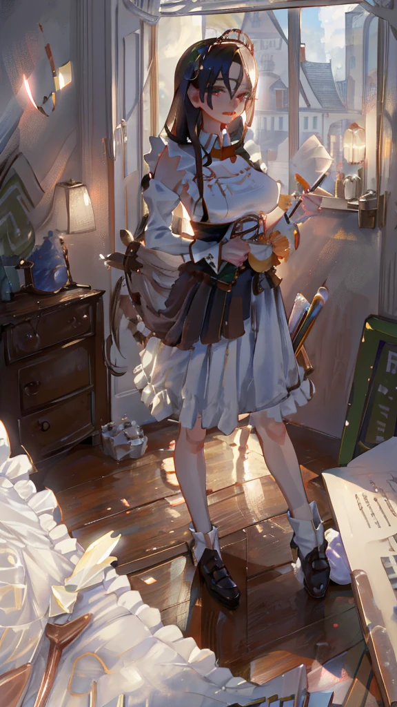 a maid with small breasts, beautiful detailed eyes, beautiful detailed lips, extremely detailed face, longeyelashes, maid uniform, holding a feather duster, cleaning a room, warm lighting, elegant interior, photorealistic, 8k, highres, masterpiece, concept art
