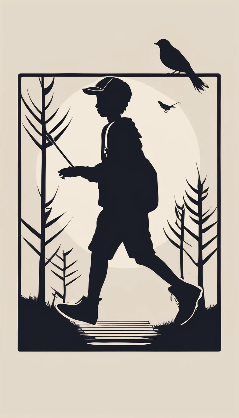 Create a modern, minimalistic logo design for a brand about music and movies called " Penamemoria". The logo must be in minimalistic style and convey a sense of storytelling. The logo is the silhouette of a boy and a bird. The boy is running with open arms, holding an acoustic guitar in the right hand and a bird feather in the left hand. Minimalistic logo design impressed on a book cover