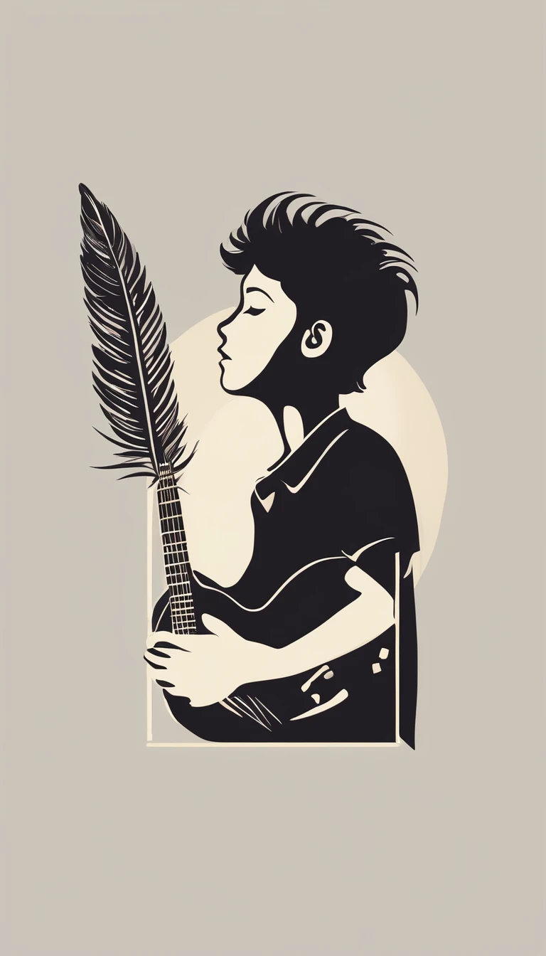 Create a modern, minimalistic logo design for a brand about music and movies called " Penamemoria". The logo must be in minimalistic style and convey a sense of storytelling. The logo is the silhouette of a boy and a bird. The boy is running with open arms, holding an acoustic guitar in the right hand and a bird feather in the left hand. Minimalistic logo design impressed on a book cover