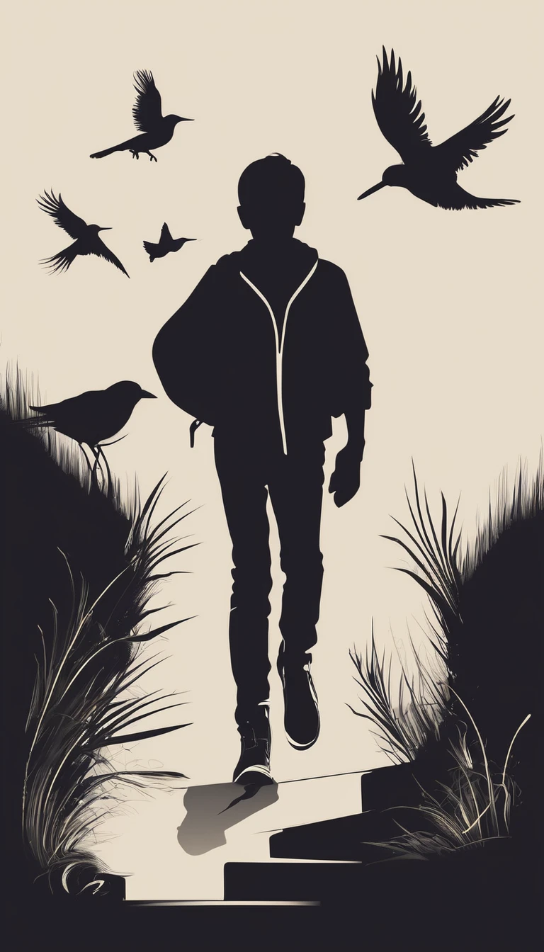 Create a modern, minimalistic logo design for a brand about music and movies called " Penamemoria". The logo must be in minimalistic style and convey a sense of storytelling. The logo is the silhouette of a boy and a bird. The boy is running with open arms, holding an acoustic guitar in the right hand and a bird feather in the left hand. Minimalistic logo design impressed on a book cover