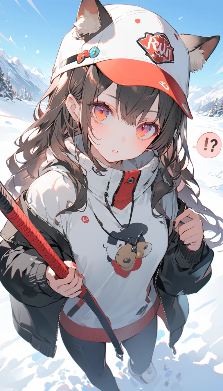 Character standing on snowy area with hockey stick, 1 girl, solo、?、 hat, animal ears, tail, long hair, woman, brown hair, spoken question mark, looking at viewer, black pants, pants, baseball cap