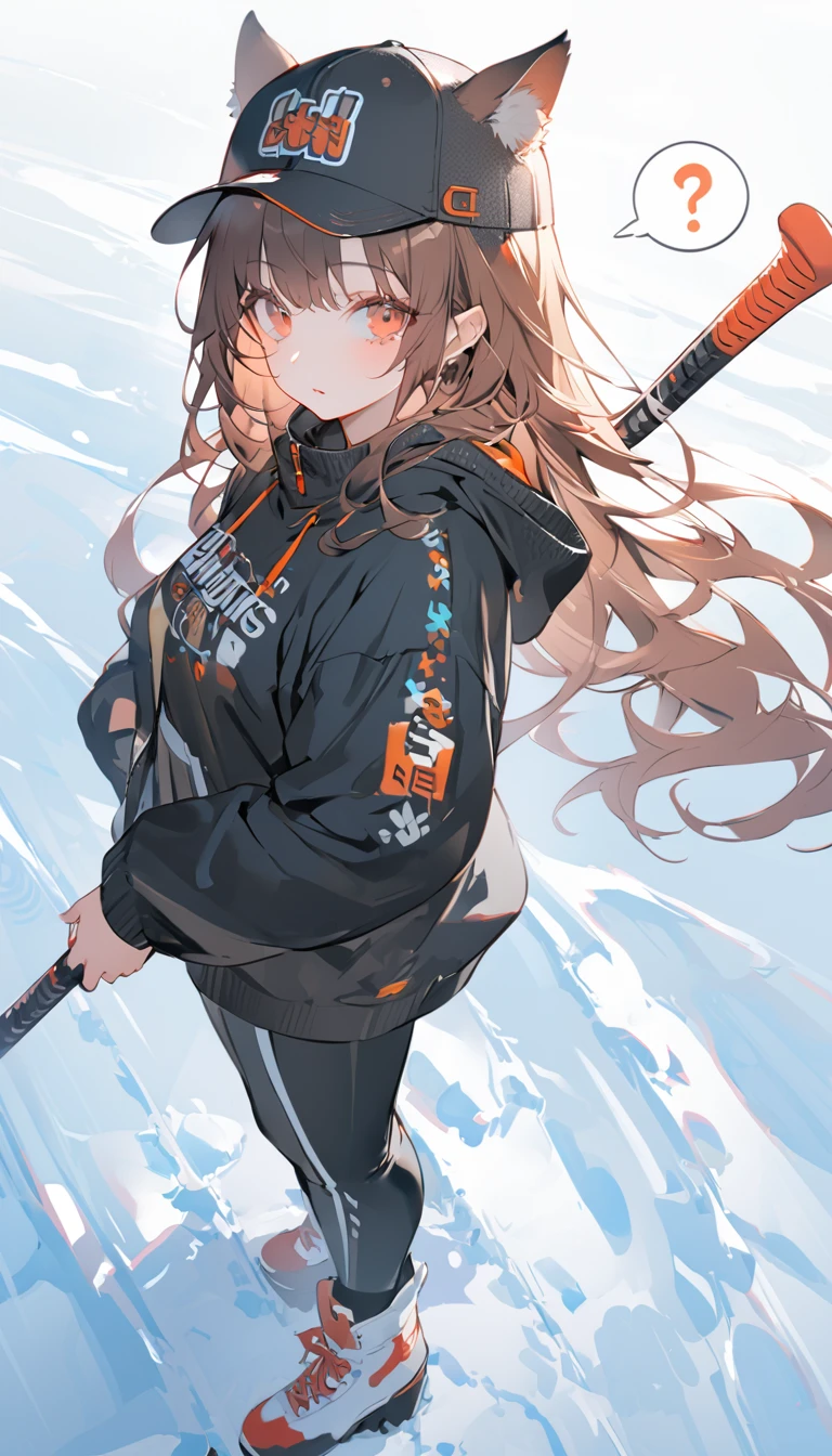 Character standing on snowy area with hockey stick, 1 girl, solo、?、 hat, animal ears, tail, long hair, woman, brown hair, spoken question mark, looking at viewer, black pants, pants, baseball cap