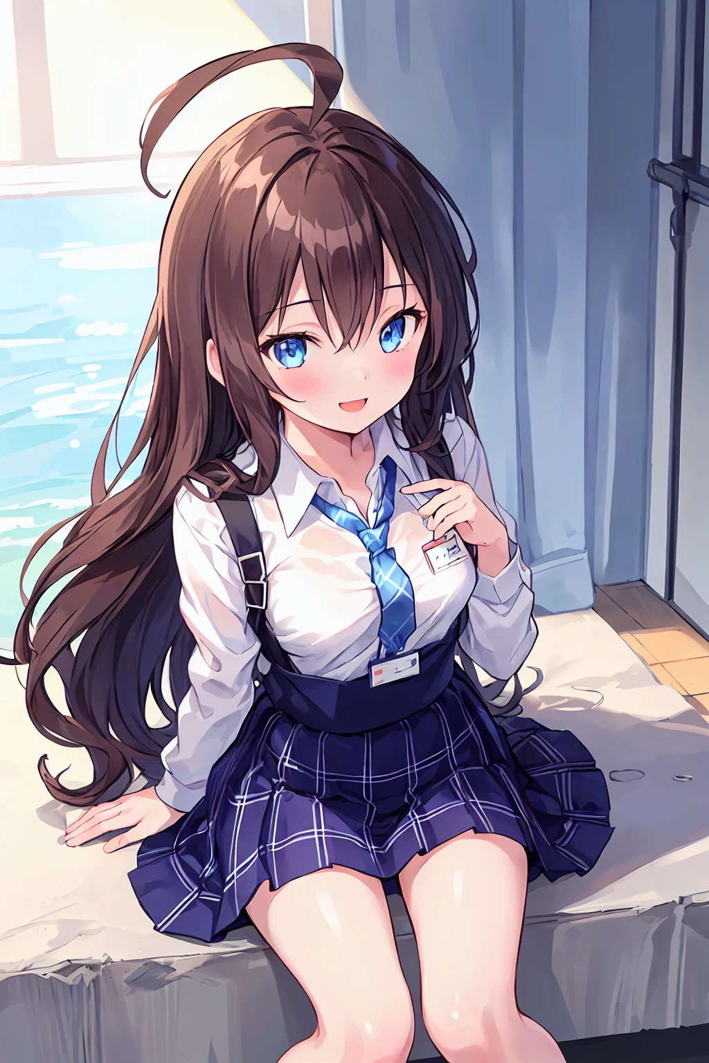 One girl, Hoshino (Blue Archive), alone, Brown Hair, skirt, Long Hair, tie, Ahoge, shirt, Hello, Plaid skirt, blue eyes, Plaid, View your viewers, white shirt, Sitting, chest Harness, Harness, Long sleeve, ID card, Open your mouth, very Long Hair, collared shirt, smile, blue tie, bangs, The legs are off the frame, Between the legs, hand Between the legs, blush, Hair between the eyes, High resolution,masterpiece, Highest quality,Small breasts