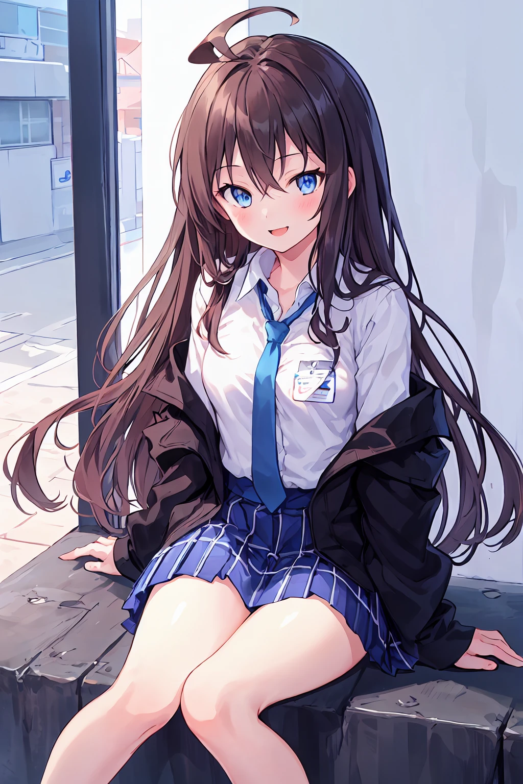 One girl, Hoshino (Blue Archive), alone, Brown Hair, skirt, Long Hair, tie, Ahoge, shirt, Hello, Plaid skirt, blue eyes, Plaid, View your viewers, white shirt, Sitting, chest Harness, Harness, Long sleeve, ID card, Open your mouth, very Long Hair, collared shirt, smile, blue tie, bangs, The legs are off the frame, Between the legs, hand Between the legs, blush, Hair between the eyes, High resolution,masterpiece, Highest quality,Small breasts