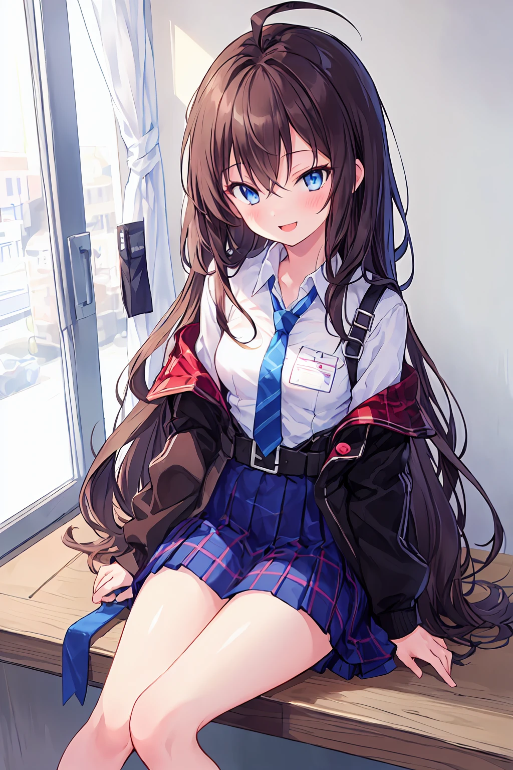 One girl, Hoshino (Blue Archive), alone, Brown Hair, skirt, Long Hair, tie, Ahoge, shirt, Hello, Plaid skirt, blue eyes, Plaid, View your viewers, white shirt, Sitting, chest Harness, Harness, Long sleeve, ID card, Open your mouth, very Long Hair, collared shirt, smile, blue tie, bangs, The legs are off the frame, Between the legs, hand Between the legs, blush, Hair between the eyes, High resolution,masterpiece, Highest quality,Small breasts