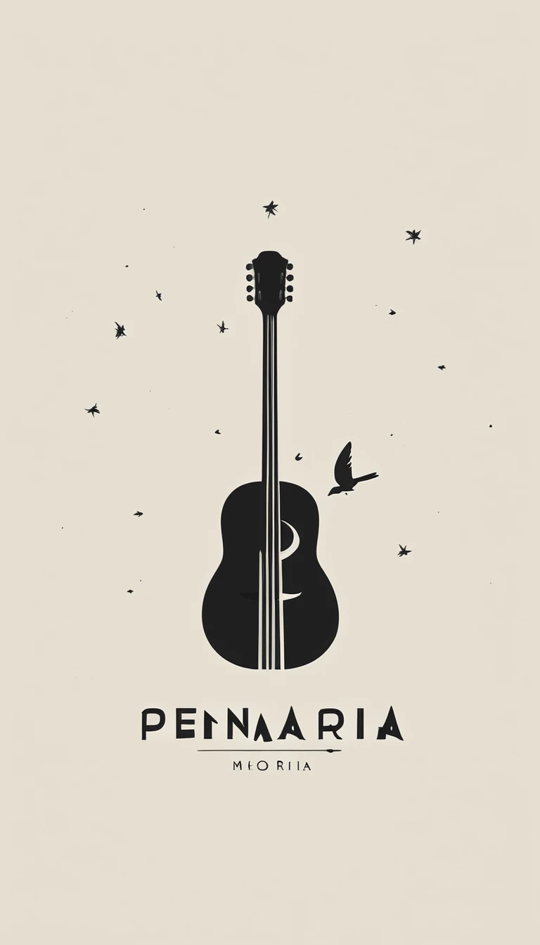A minimal, modern, simple, cinematic logotype for the brand “Penamemoria". The logotype must be a simple, magical feather and a boy playing acoustic guitar. The logo must convey a sense of music, stories and dreams. Logo design impressed on a book cover. Minimalistic logo