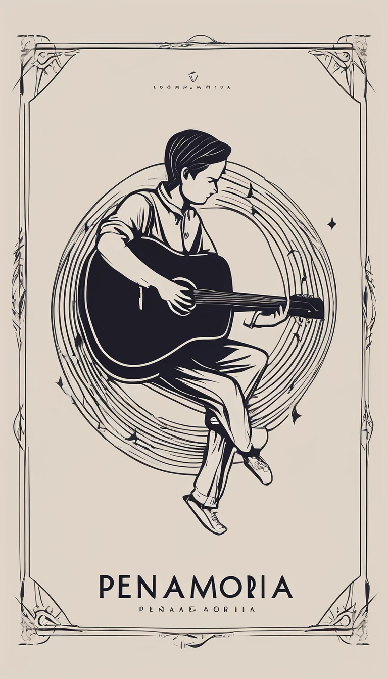 A minimal, modern, simple, cinematic logotype for the brand “Penamemoria". The logotype must be a simple, magical feather and a boy playing acoustic guitar. The logo must convey a sense of music, stories and dreams. Logo design impressed on a book cover. Minimalistic logo