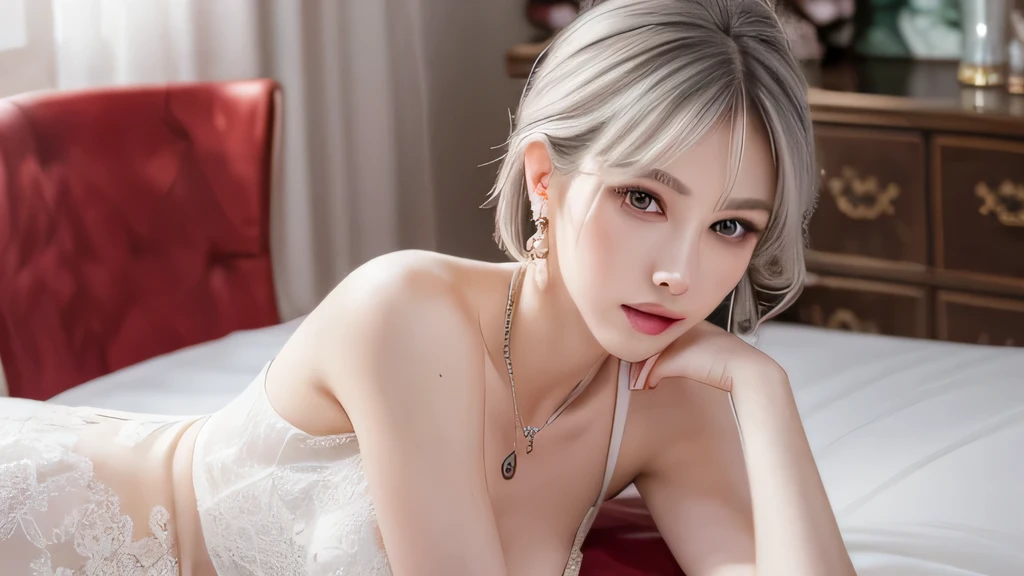 Red lace tong&OK, (((Very elegant and beautiful, Perfect details, Very detailed))), whole body, The most detailed girl, Writing border depth, Beautifully detailed whole body, Thin legs, 1 girl, 30 years old, Very short hair, Spiked Hair, Gray and Silver Hair, Beautiful and fine hair, Perfect face, Poker face, Delicate and deep eyes, Open your mouth a little, Slender arms and hands, Pale skin, earrings, Beautiful and gorgeous necklace, Colored background, HD Background, Blurred background, Very refined, masterpiece, (((Best quality, Very beautiful 8K CG wallpaper))), (((Popular hairstyles))), (In the room,Stylish interior,window),