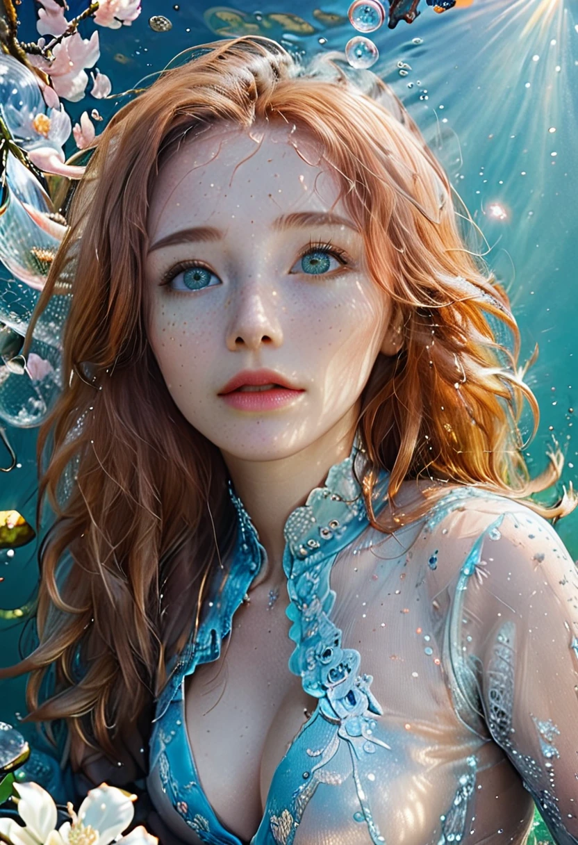 A woman under water looking up through the sun rays. She's reaching up trapped. Bubbles, Koi fish are swimming around. Pale skin and super long flowy ginger hair. Light crystal green eyes. 8k. Hd. Ultra detailed , hyper realistic, realistic skin