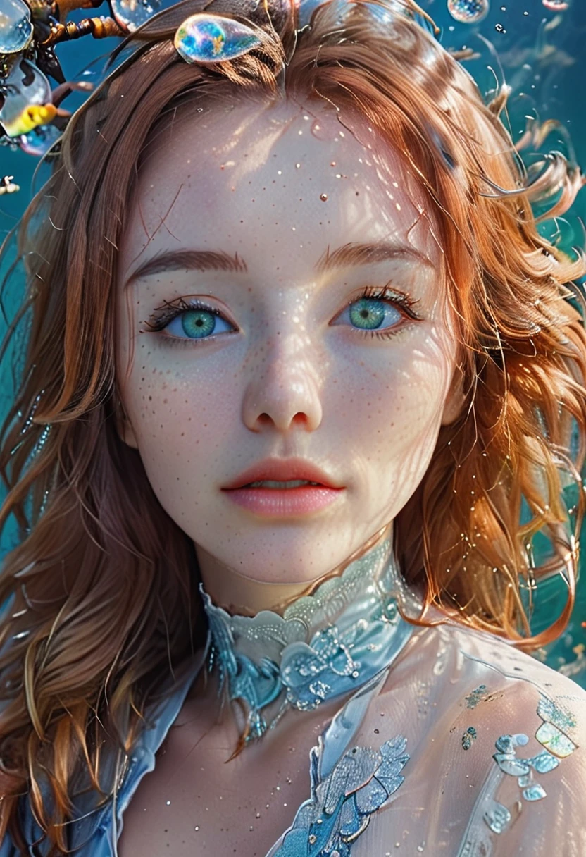 A woman under water looking up through the sun rays. She's reaching up trapped. Bubbles, Koi fish are swimming around. Pale skin and super long flowy ginger hair. Light crystal green eyes. 8k. Hd. Ultra detailed , hyper realistic, realistic skin 