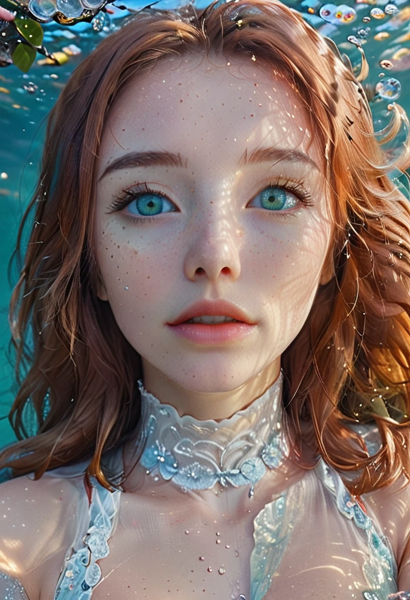 A woman under water looking up through the sun rays. She's reaching up trapped. Bubbles, Koi fish are swimming around. Pale skin and super long flowy ginger hair. Light crystal green eyes. 8k. Hd. Ultra detailed , hyper realistic, realistic skin 