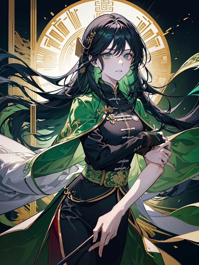 an Adult female, strong, green eyes, long hair, smoky color hair, resolute eyes, white Taoist Taoist uniform, black accessories, ancient Chinese mix morden, full body, 8K, ultra HD, HDR, blank background
