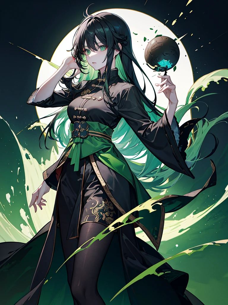 an Adult female, strong, green eyes, long hair, smoky color hair, resolute eyes, white Taoist Taoist uniform, black accessories, ancient Chinese mix morden, full body, 8K, ultra HD, HDR, blank background