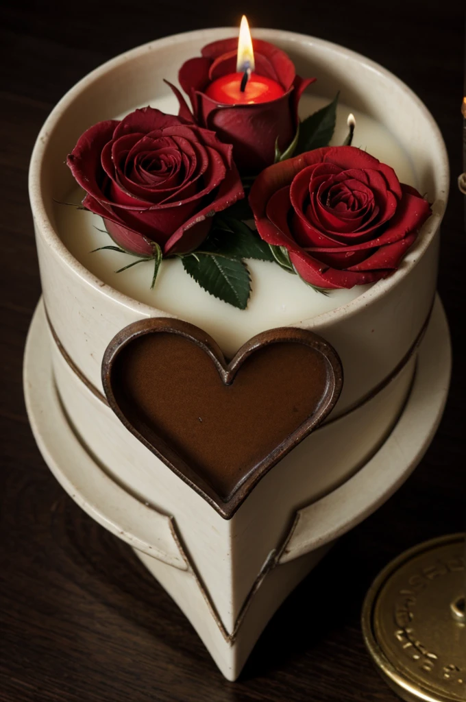 a human heart , pierced by a bloody rose , a candle burns them