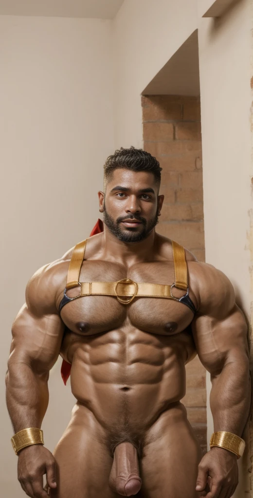 1boy, indian, solo, facial hair,34 yrs old, daddy, male focus, flaccid penis, pectorals, bara, muscular, mature male, muscular male, abs, beard, ring nipples, chest harness, short hair, navel, stomach, large pectorals, thick eyebrows, bare pectorals, dark-skinned male, erection, thighs, erection under clothes, bondage attire, dark skin, tie, nouveau riche, gold suit, pectoral cleavage, cowboy shot, feet out of frame, thick thighs, looking at viewer, masterpiece, 4k, high quality, highres, absurdres,