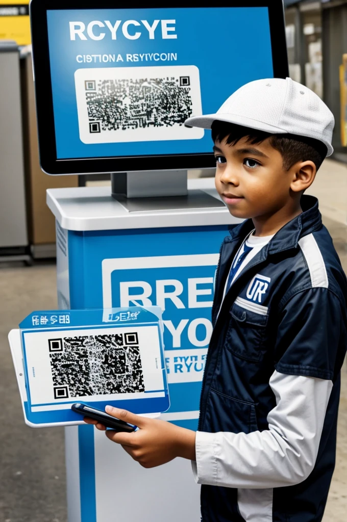 Futuristic boy scanning QR code, recycling context