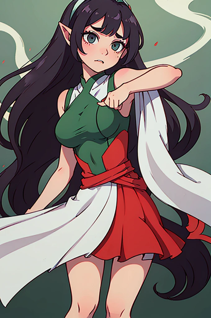 anime, hdr, soft light, ((best quality)), ((masterpiece)), (detailed), kamado nezuko, black hair, forehead, pink eyes, very long hair, hair ribbon, japanese clothes, pink kimono, multicolored hair, pink ribbon, cleavage, standing, legs apart, fighting pose, flowing blood, destruction, kimetsu no yaiba style, sparks.