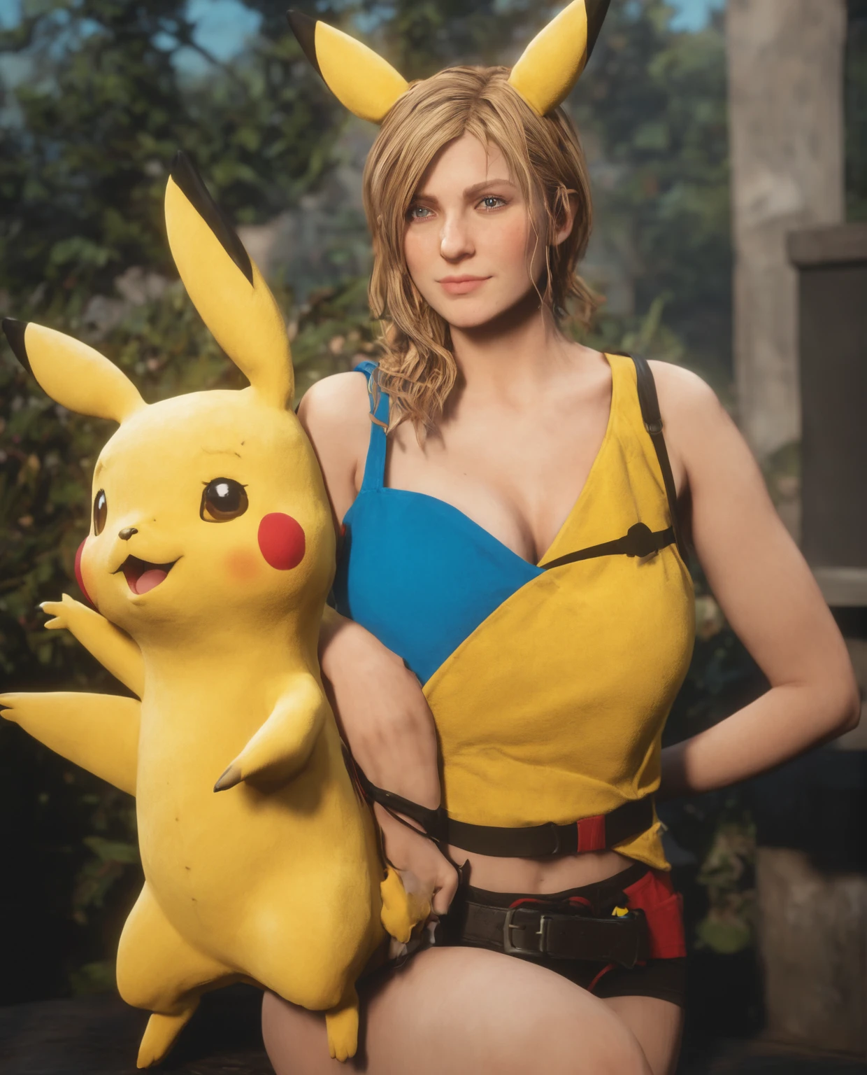 Blond woman in a pikachu costume posing for a picture, as if lisa simpson came to life, real life pikachu, faye valentine, thicc, misty from pokemon, half pikachu, sfw huge breasts, cute girl wearing tank suit, big breasts!, bust shot, better known as amouranth, megaman as pikachu, buxom chested
