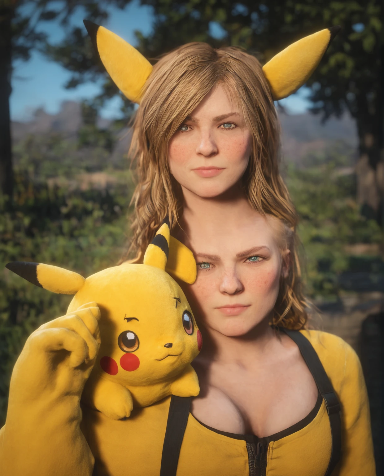 Blond woman in a pikachu costume posing for a picture, as if lisa simpson came to life, real life pikachu, faye valentine, thicc, misty from pokemon, half pikachu, sfw huge breasts, cute girl wearing tank suit, big breasts!, bust shot, better known as amouranth, megaman as pikachu, buxom chested
