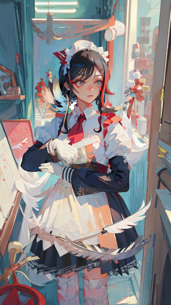 a maid with small breasts, beautiful detailed eyes, beautiful detailed lips, extremely detailed face, longeyelashes, maid uniform, holding a feather duster, cleaning a room, warm lighting, elegant interior, photorealistic, 8k, highres, masterpiece, concept art