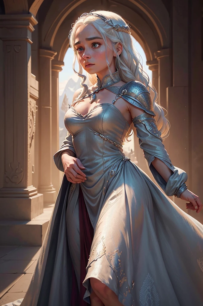 Create a striking 4K close-up portrait of Daenerys Targaryen, the iconic character from "Game of Thrones," capturing her regal beauty and strength in ultra-high detail. Visualize Daenerys with her distinctive features: her long, silver-blonde hair cascading around her shoulders, adorned with intricate braids and silver jewelry. Her eyes should be intense and determined, reflecting her fierce determination and leadership.
Dress Daenerys in her signature attire: a flowing gown or robe, perhaps in shades of blue or silver, adorned with dragon-themed details and symbols of her Targaryen lineage. Include subtle details like her dragon-shaped brooch or a hint of dragon scales subtly incorporated into her attire.
Set the scene against a backdrop that reflects her journey and ambitions, such as the grand halls of Dragonstone or the sweeping landscapes of Essos. Enhance the atmosphere with elements that capture Daenerys' mystical and powerful aura, like the presence of her dragons subtly hinted in the background or the warm glow of torchlight.
The color palette should be majestic and symbolic, with shades of silver, blue, and hints of red or gold highlighting her attire and the noble surroundings. Daenerys' expression should convey a mix of determination, wisdom, and a touch of vulnerability, capturing her complex and multifaceted character.
Every element should be meticulously rendered in ultra-high detail, from the texture of Daenerys' hair and clothing to the intricate details of her accessories and the atmospheric effects that enhance the scene. This portrait aims to celebrate Daenerys Targaryen as a symbol of power, resilience, and the enduring legacy of House Targaryen, capturing her iconic features and the epic scope of her story.