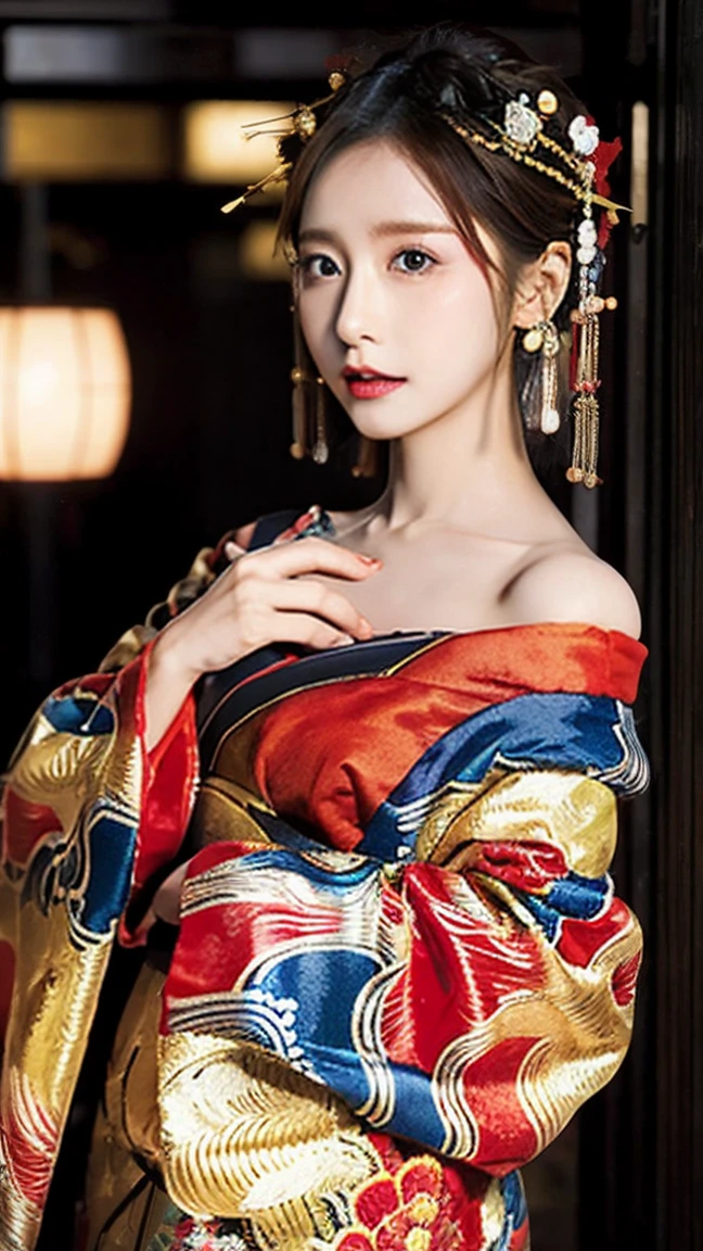 4K, masterpiece, High resolution, Confused,Natural volumetric lighting and great shadows, 笑face,deep i is written deep in the world,soft delicate beautiful attractive face, Beautiful Edge Courtesan_woman, a woman in a kimono posing for a picture ,Courtesan with perfect edge_face,Courtesan with perfect edge_body,edg oiran_Compensate,edg oiran_Hairstyle、Browsing Caution:1.5