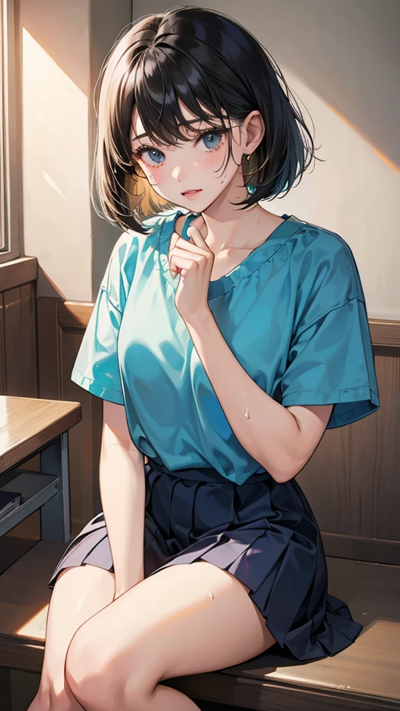 high school girl、Bobcut、sweat、one's home、Midnight、Dark Room、kitchen、refrigerator、Holding a retort in hand、blush、cute、