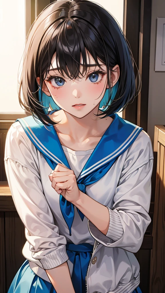 high school girl、Bobcut、sweat、one's home、Midnight、Dark Room、kitchen、refrigerator、Holding a retort in hand、blush、cute、