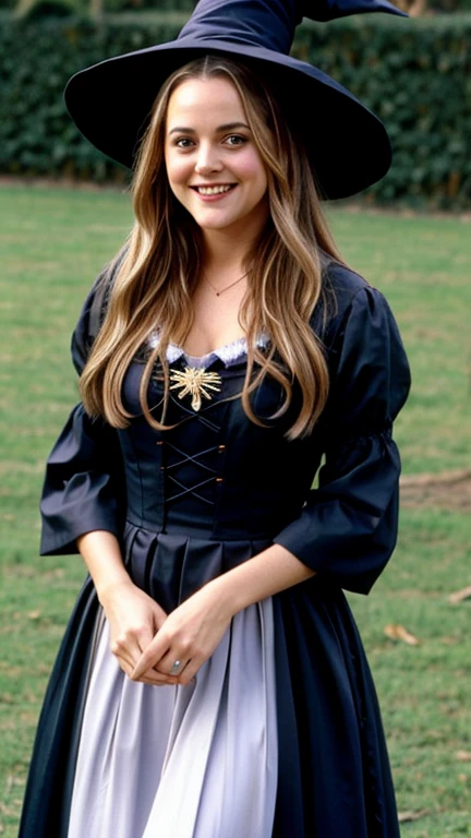 Alicia Silverstone dressed in traditional witch clothing and smiling
