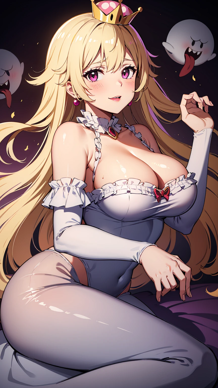best quality, high resolution, large breasts, blonde hair, blush, Evil smile, cowboy shot, looking at viewer, boosette, pink lip, in a haunted mansion, (((sexy shoulders))), (((shoulders Focus))),