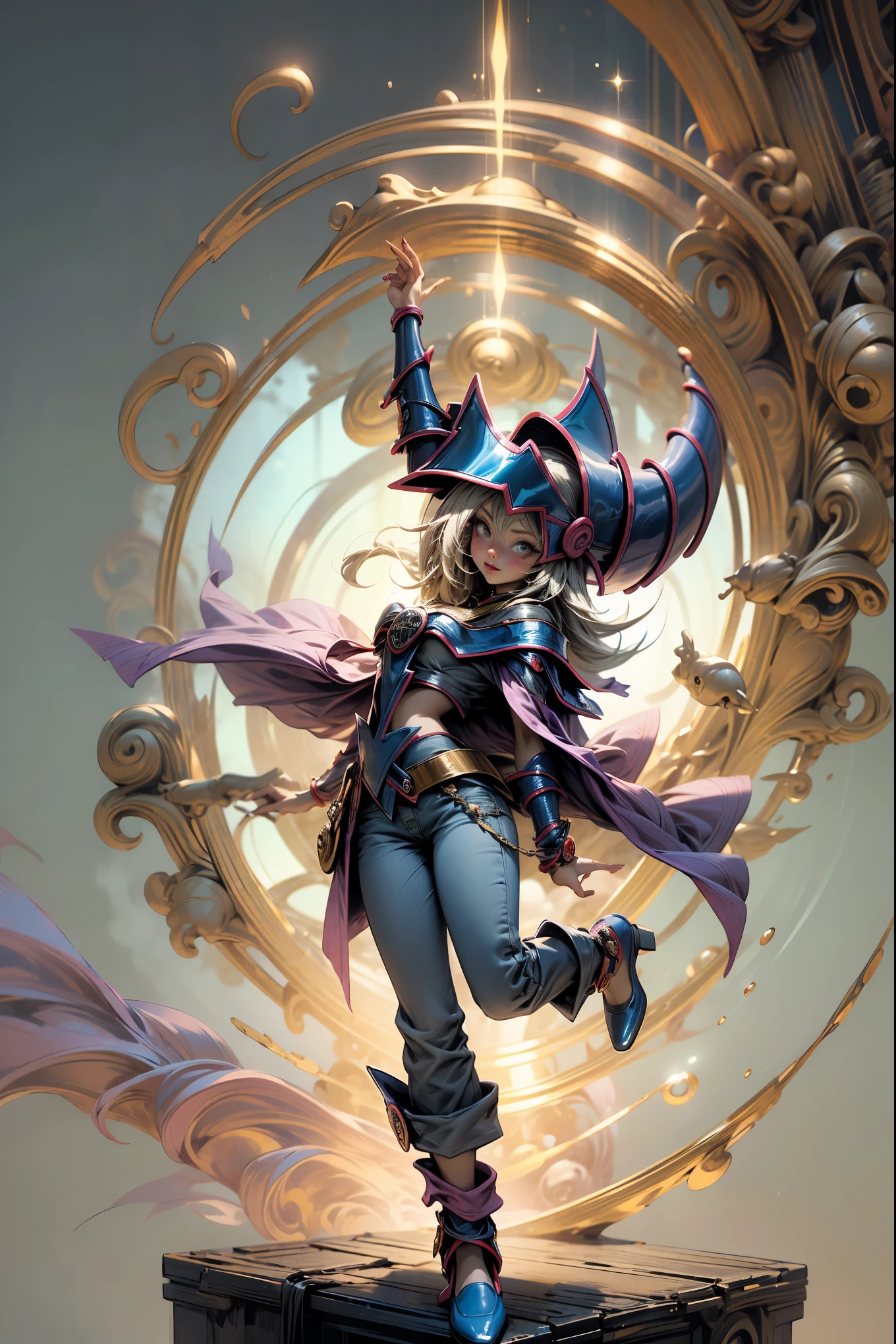 (Masterpiece:1.2), (The best quality:1.2), perfect lighting, Dark Magician Girl casting a spell, in battle. floating in the air, large visible , wear jeans and heels. transparent neckline, blue robe, big hat, From above, shines, Yugioh games, The magic of the heart, romantic heart.