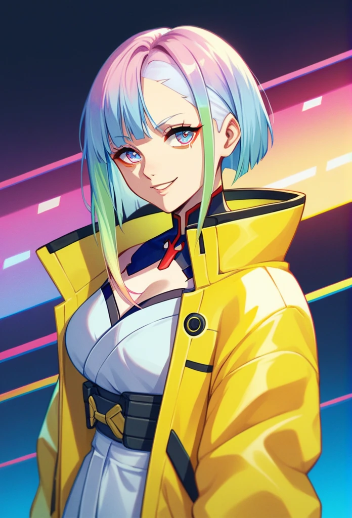 Lucy Kushinada of Cyberpunk Edgerunners, wearing David Martinez's yellow jacket. Wearing kimono clotheswith pastel rainbow colors. Her hair is long and straight, with a long strand in rainbow pastel glow. Blue eyes with lilac, mixed, curvy body, big . Facing gaze, fixed on the front, smile on the face and flower brooch in the hair