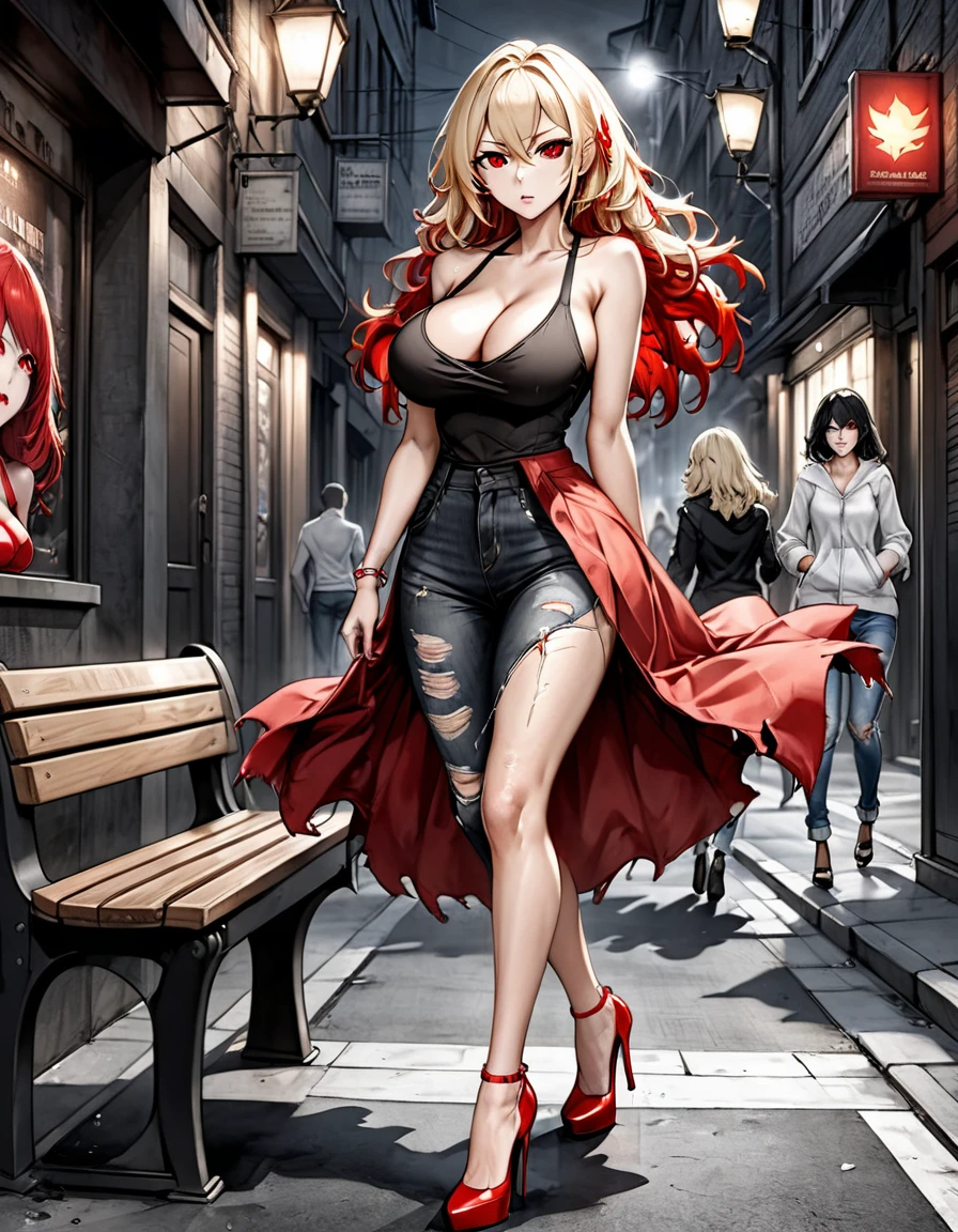 photo realism anime style Yusuke walled art Phoenix goddess alucard + sarada fitness sexy big tits with cropped wavy hair v cut dress v cuts ripped jeans wearing high heels walking on a dark dark street scared style photo realism, fully detailed drawing in black and monochromatic bench and only the strong red diamond eyes
