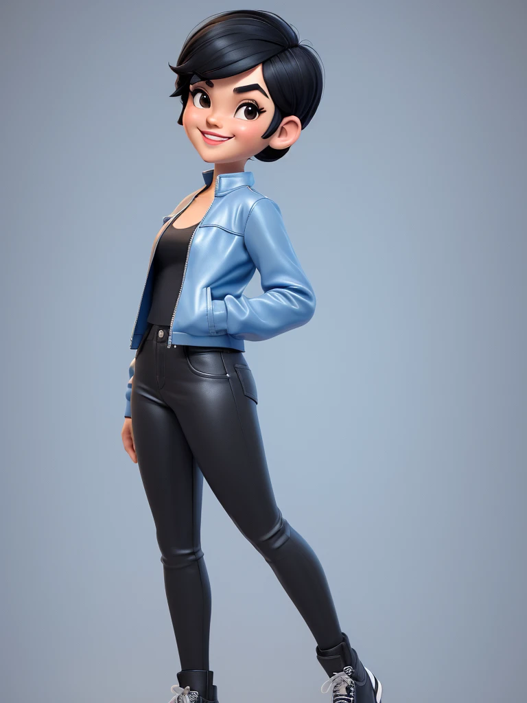 Create a 3D animation of a cartoon caricature with a big head. Full body. A 19 year old Indonesian woman. Her hair is short, black, and pixie cut. Her face is oval with fine lines, thick and neat black eyebrows, narrow eyes, a small aquiline nose, and thin lips with a wide and friendly smile. She is wearing a light gray leather jacket over a white t-shirt. Gradient blue background with professional lighting. Masterpiece, best quality, highly detailed skin and face, very realistic, high definition, studio lighting, sharp focus, 3/4 body angle, Concept Art, 3D render.