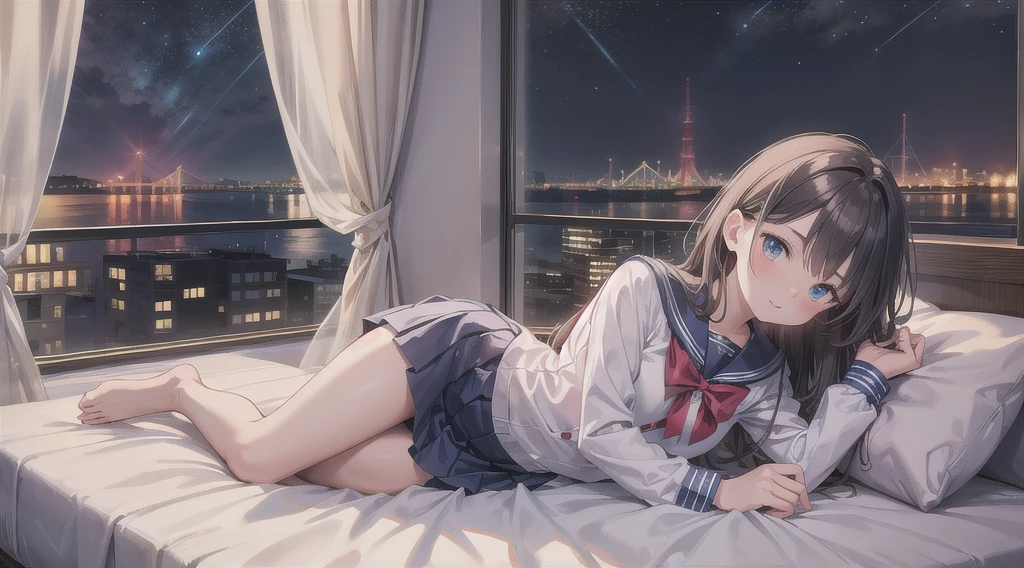 Highest quality(8k)masterpiece、Time: Night(1.8)Lying on a bed by the window, holding a cute calico cat(1.8)Clothing is high school uniform(1.8)The night view can be seen from the window(1.8)、A room in a high-rise apartment with very large windows(1.8)It's dim in the room.(1.8)、猫もSuper detailed、Identifying each and every hair(1.8)One girl、Very cute、Best Style、Hairstyle(long(1.8))The room is a high school girl's room(1.8)、There are no curtains、17age、Firm and refreshing々Fresh skin。Plump legs、eye(Super detailed 1.8)Wearing makeup(2.0)