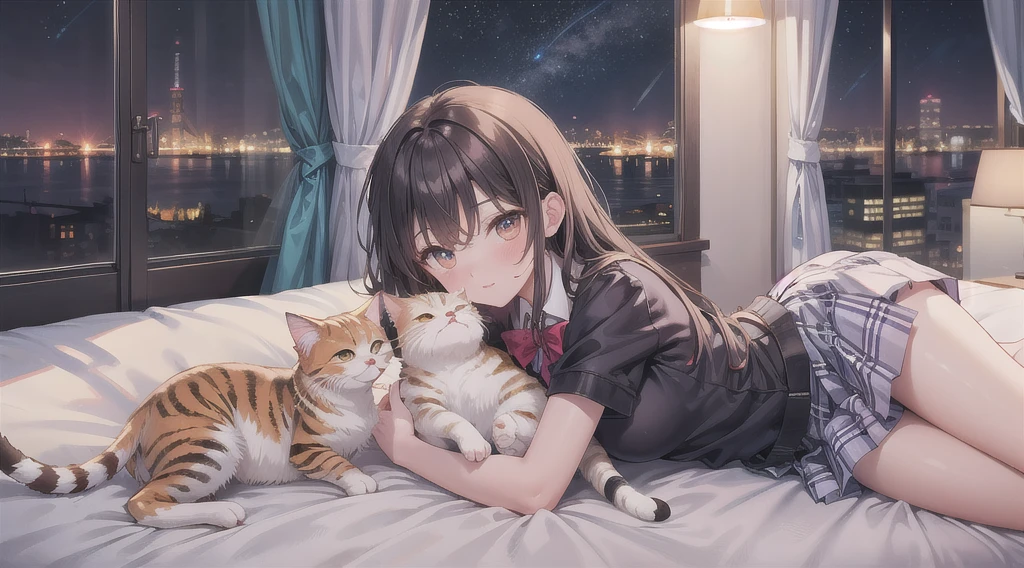 Highest quality（８ｋ）masterpiece、Time: Night（1.8）Lying on a bed by the window, holding a cute calico cat（1.8）Clothing is high school uniform（1.8）The night view can be seen from the window（1.8）、A room in a high-rise apartment with very large windows（1.8）It&#39;s dim in the room.（1.8）、猫もSuper detailed、Identifying each and every hair（1.8）One girl、Very cute、Best Style、Hairstyle（long（1.8））The room is a high school girl&#39;s room（1.8）、There are no curtains、１７age、Firm and refreshing々Fresh skin。Plump legs、eye（Super detailed　1.8）Wearing makeup(2.0）