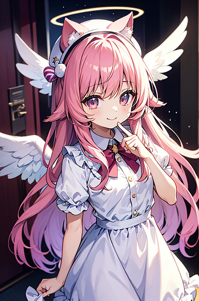 galaxy angel style,pastel,glitter,Angel shota,glowing halo,cat ears,pink long hair,angel wings,more add cuteness,
Wearing short-sleeved frilly pajamas, a hat with a pom-pom on the tip, and standing in a dark hallway at night,
sleepy eye,open mouth smile,Say good night,
Upper body,