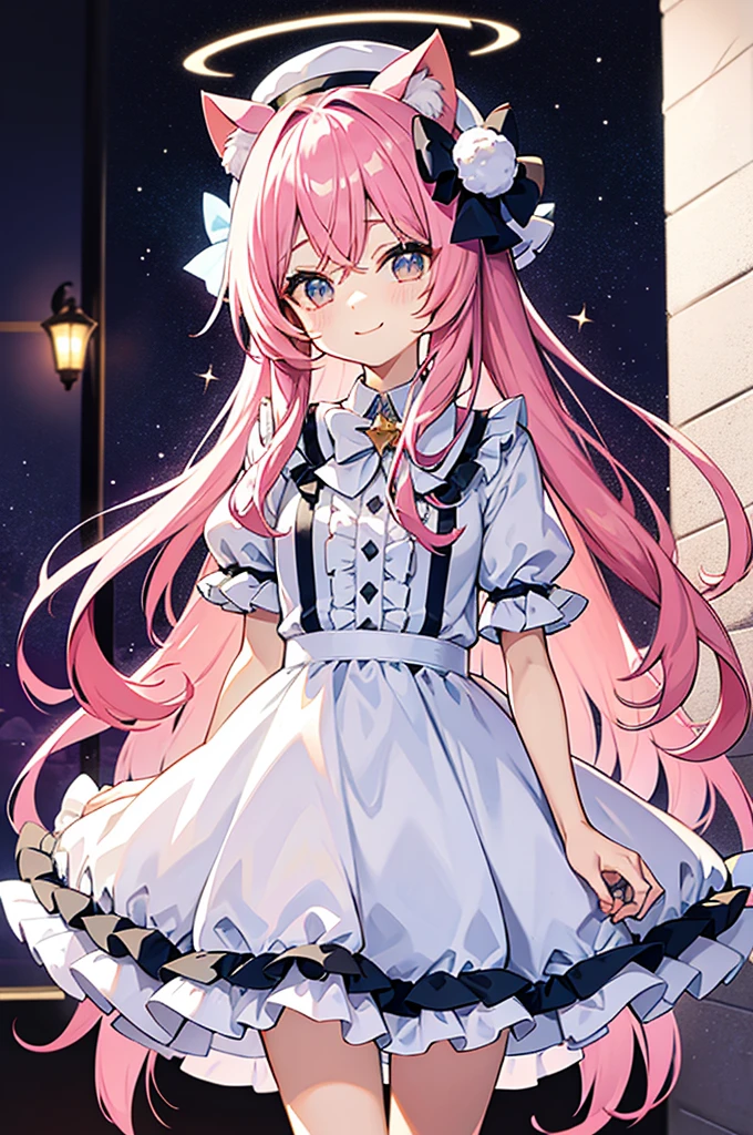 galaxy angel style,pastel,glitter,Angel shota,glowing halo,cat ears,pink long hair,angel wings,more add cuteness,
Wearing short-sleeved frilly pajamas, a hat with a pom-pom on the tip, and standing in a dark hallway at night,
sleepy eye,open mouth smile,Say good night,
Upper body,