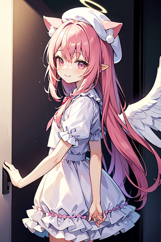 galaxy angel style,pastel,glitter,Angel shota,glowing halo,cat ears,pink long hair,angel wings,more add cuteness,
Wearing short-sleeved frilly pajamas, a hat with a pom-pom on the tip, and standing in a dark hallway at night,
sleepy eye,open mouth smile,Say good night,
Upper body,