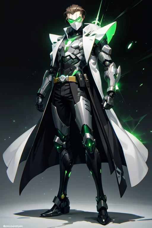 ((best quality)), ((masterpiece)), (detailed), 1 man, full body, 30s, masked, long brown hair slicked back, white superhero mask with green details, small diamond on forehead, glowing green eyes, black collar, tall, thin, long dark grey trench coat, open grey trench coat showing his chest, black gloves, grey wristbands, nanotech suit, white shirt, dark green suit vest, black pants, grey knee pads, metallic black shoes, belt, robot army behind him, floating, green flashes of light, green lighting background, anime