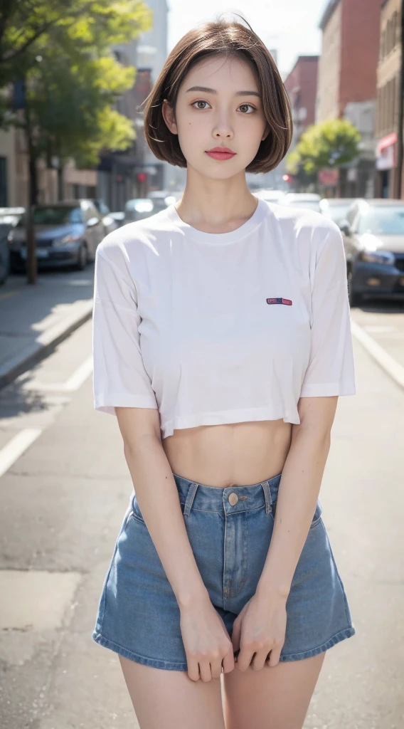 ((Best Quality, 4K, Masterpiece:1.3)), 1girl, Slim Abs Beauty:1.3, (long hairstyle, ), Upper shirt Lower skirt: 1.1, Superfine face, Detailed eyes, Double eyelids, Street view,