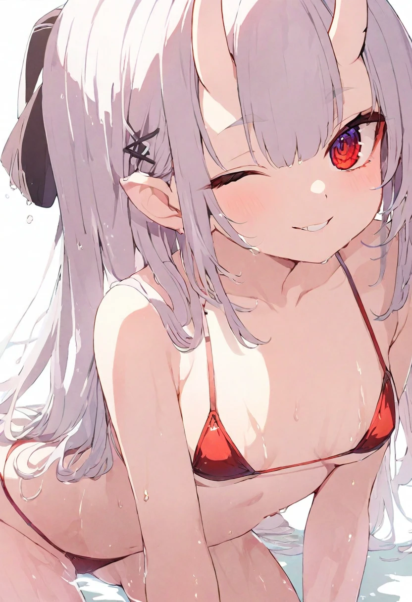 (muste piece), (best quality), very detailed eyes, expressive eyes, perfect face, very detailed face, highly detailed face, beautiful girl, 8K, beautiful girl, white background, delicate and beautiful face and eyes, dark intense shadow, 
1 girl, vtuber style, cool girl, hololive, Nakiri Ayame, oni horns, red bikini, soaked, Bikini tops, bikini bottoms, String Only Micro Bikini, wet body, small chest, cropped shoulders, clavicle, one eye close winking, smile, body visible through clothes, chest visible through clothes, ass visible through thighs, (full body), sitting, open legs wide, 