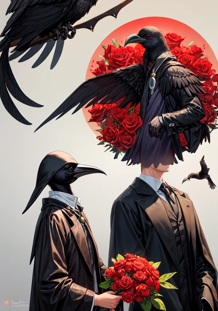 the plague doctor holding a red rose with a crow on his shoulder.