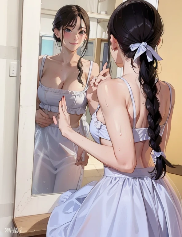 girl, Sweat, vapor, Center of chest, shy, Great hands, Looking at the audience, Cute Smile