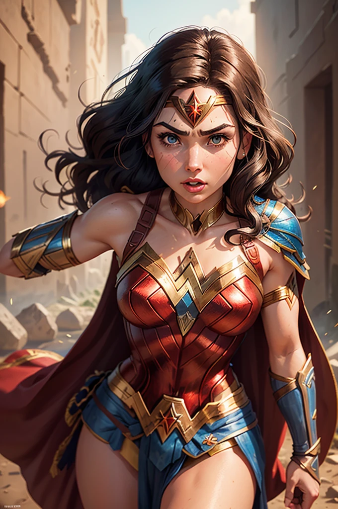 Create a stunning 4K close-up portrait of Wonder Woman, capturing her strength, grace, and iconic presence in ultra-high detail. Visualize Wonder Woman with her distinctive features: her dark flowing hair, often in waves or pulled back into her classic tiara, and her intense, determined eyes that reflect her warrior spirit and compassion.
Dress Wonder Woman in her iconic costume: a bold red and gold armor with the recognizable WW emblem on her chest, symbolizing her Amazonian heritage and superhero identity. Include intricate details like the lasso of truth at her side and gauntlets that gleam with power.
Set the scene against a backdrop that evokes her heroic deeds and mythical origins, such as the Themysciran landscape with ancient ruins or a modern cityscape with hints of her battle against injustice. Enhance the atmosphere with elements that capture Wonder Woman's strength and valor, like the glow of her magical weapons or the fluttering of her cape in the wind.
The color palette should be vibrant and empowering, with bold reds, blues, and golds highlighting her costume and the dynamic surroundings. Wonder Woman's expression should convey a mix of determination, compassion, and unwavering resolve, embodying her role as a protector and champion of justice.
Every element should be meticulously rendered in ultra-high detail, from the texture of Wonder Woman's armor and hair to the intricate designs of her accessories and the dynamic lighting effects that enhance her heroic presence. This portrait aims to celebrate Wonder Woman as a symbol of courage, empowerment, and hope, capturing her iconic features and the enduring legacy of her character.