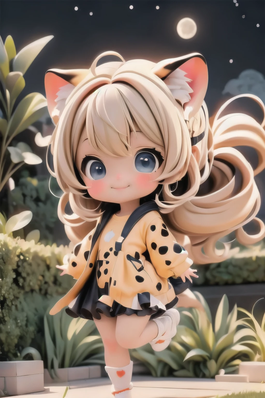 cute chibi girl smiling wearing a (cheetah kigurumi), dramatic leaping in the air, location garden at night, garden outdoors, starry sky, moon, angle from below