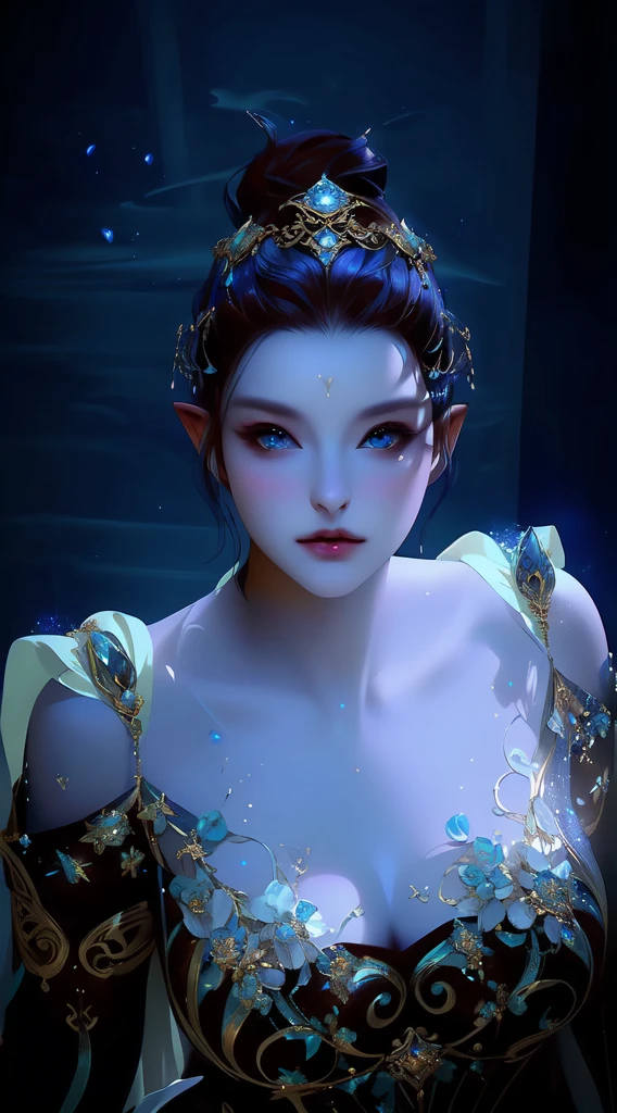 arafed woman with blue hair and a gold dress posing for a picture, alluring mesmer woman, closeup fantasy with water magic, very beautiful elven top model, a beautiful fantasy empress, beautiful and elegant female elf, inspired by Lan Ying, portrait of an elf queen, beautiful and elegant elf queen, beautiful fantasy maiden, unreal engine render + a goddess