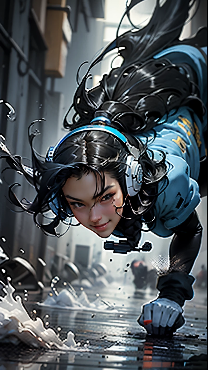 Straight black hair with wavy ends , and strong body with a blue coat with the letter CN, smile on your face looks attractive, playing on cell phone and gamer headphones.